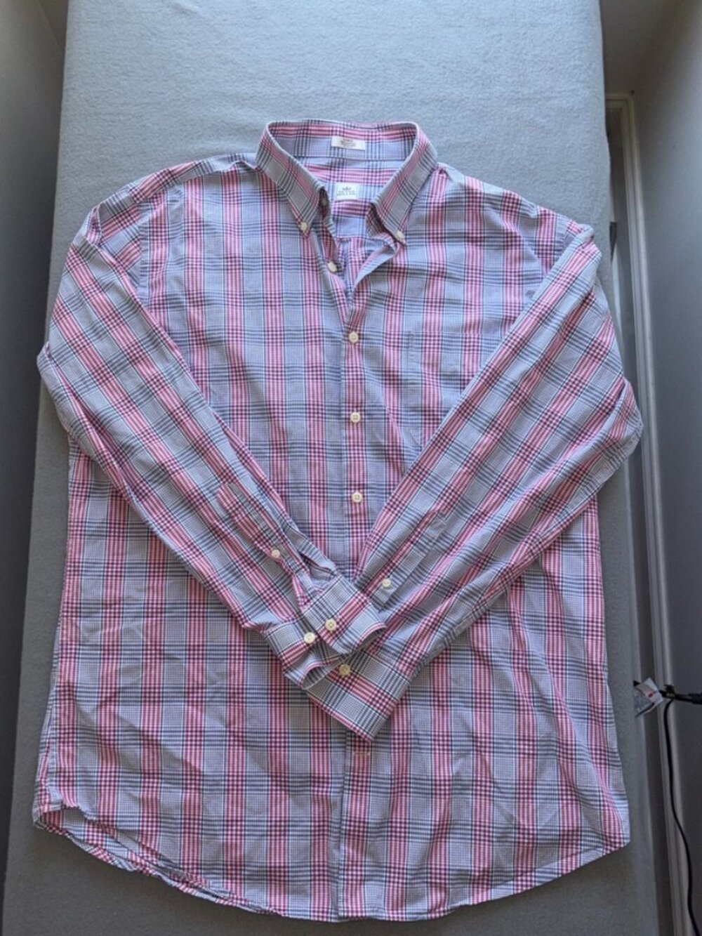 Men's Peter Millar 100% Cotton Red White Black Long Sleeve Collared Shirt Prep L